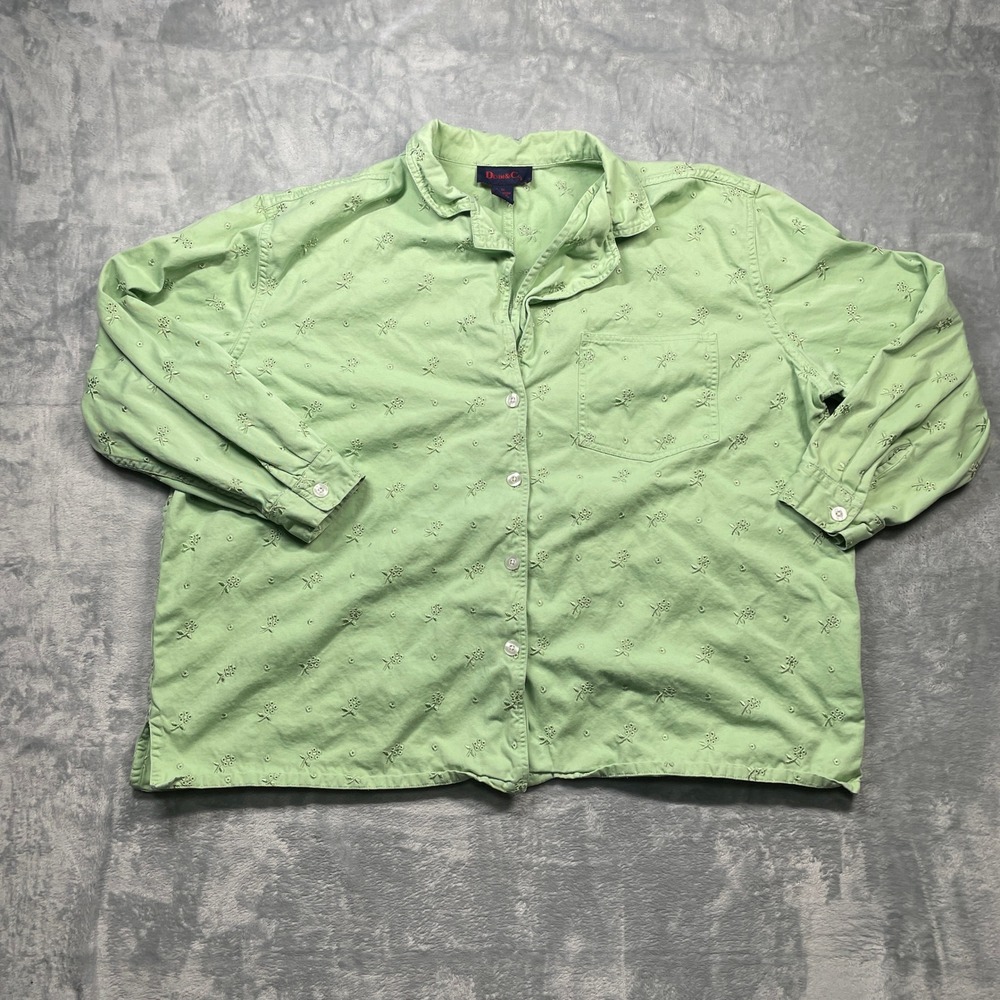 Denim Co Womens 3X Green Floral Embroidered Collared Button Up Shirt